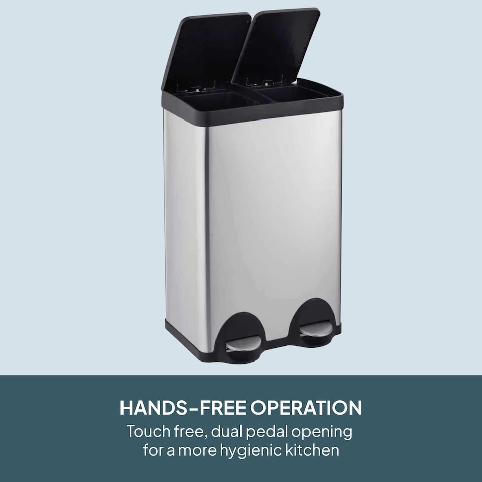image 1 of Cooks Professional Dual Pedal Recycle Bin 60L with 2 x Compartments & Soft Close Lids | Silver