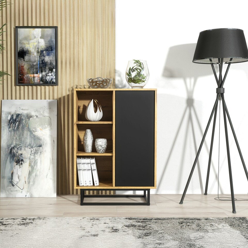 image 1 of Sideboard 70cm Oak Matt and Black Matt with Metal Legs | Multi | Oak