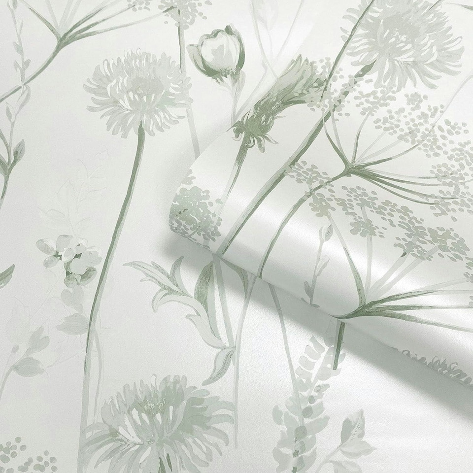 image 1 of Catherine Lansfield Meadowsweet Floral Sage Wallpaper Green | Green