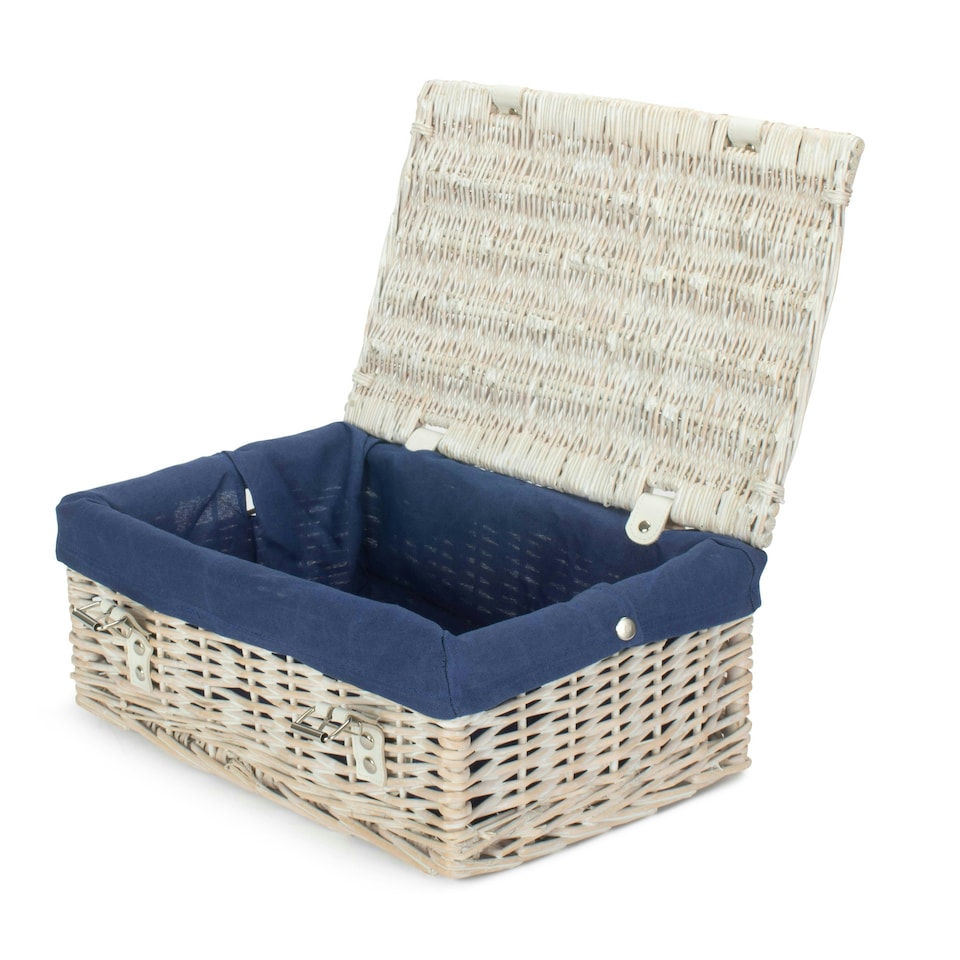 image 1 of 35cm White Wash Wicker Picnic Basket with Lining Blue | Blue | One Size