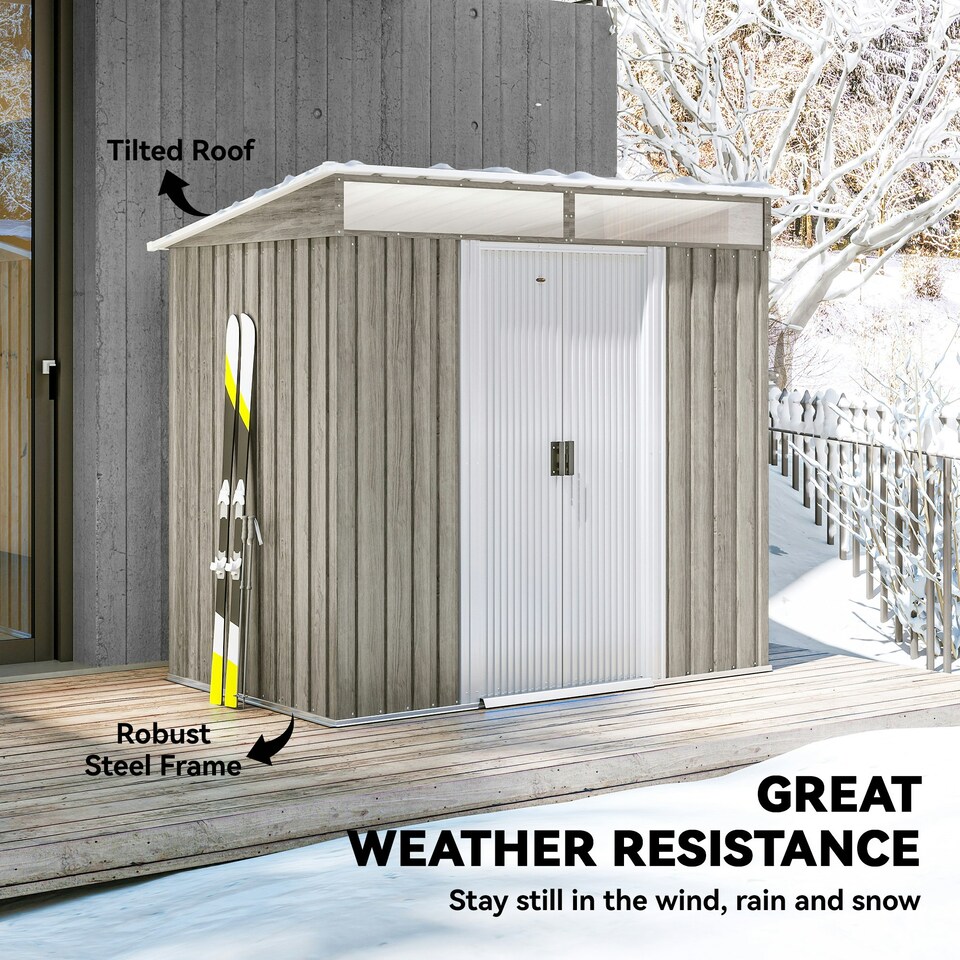 image 1 of Outsunny 6.5x4FT Garden Shed Lockable Metal Tool Shed Light Grey Wood Effect Grey | Light Grey
