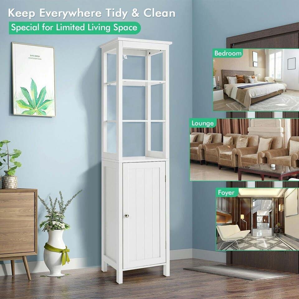 image 1 of COSTWAY 3-Tier Shelf Bathroom High Cabinet Floor Storage Organizer White