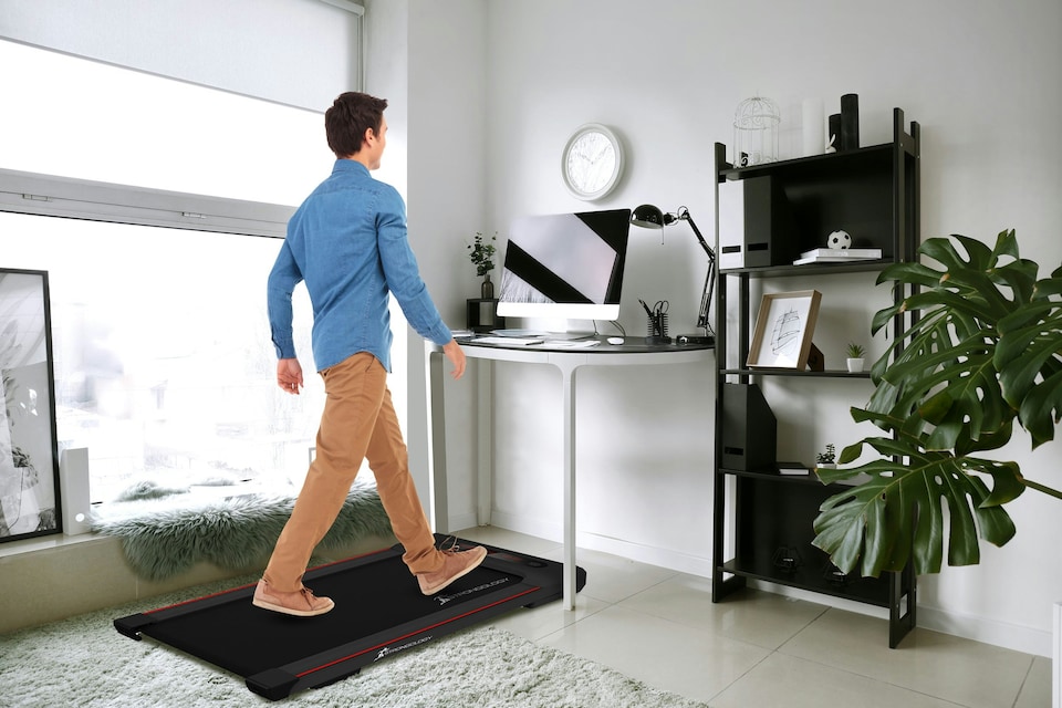 image 1 of Strongology MOTIONIC BLACK Home and Office Ultra Quiet Adjustable Speed 1-8km/h Slimline 2.5HP Bluetooth Treadmill with LED Display - Fully Assembled