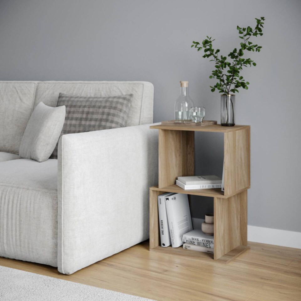 image 1 of URBNLIVING 2 Tier Offset Bookcase Storage Shelving Unit | Brown | Oak | 40cm Width | 1