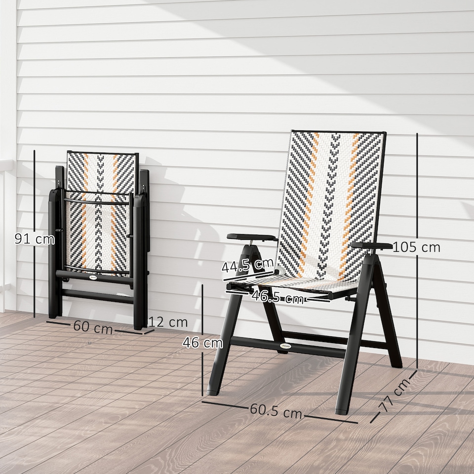 image 1 of Outsunny Folding Rattan Garden Chairs Set of 2, 5-Position Reclining Garden Dining Chairs, High Back PE Wicker Outdoor Recliners with Armrest and Steel Frame for Patio, Terrace, Balcony, Black | Black | Black