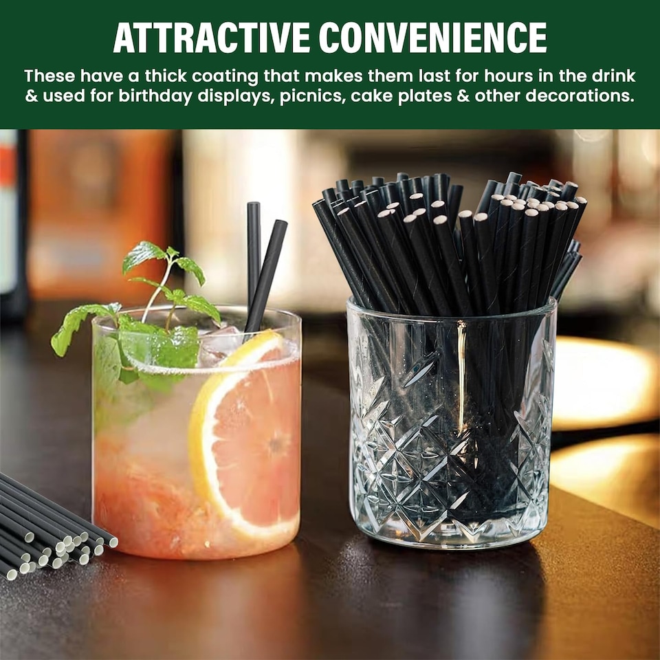 image 1 of ECONX Black Paper Straws 8 Inch Paper Drinking Straws for Parties Hot & Cold Drinks Sip Stirrers Pack 250