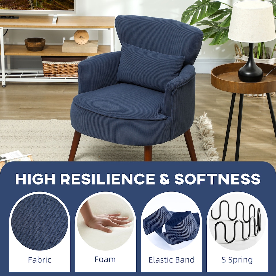 image 1 of HOMCOM Modern Armchair, Upholstered Corduroy Accent Chair with Thick Padded Seat, Lumbar Pillow, Rubber Wood Legs, Cuddle Chair for Living Room Bedroom Office, Blue