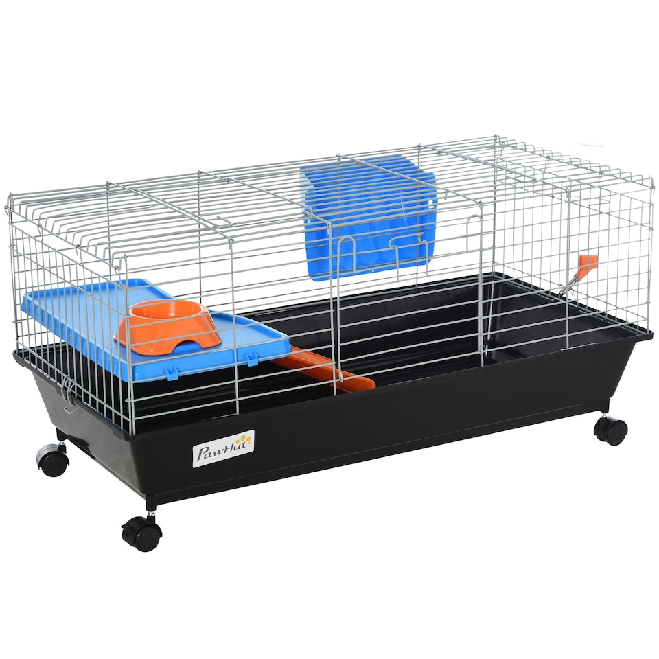 image 1 of PawHut 89cm Small Animal Cage for Rabbit Guinea Pig w/ Food Dish Black