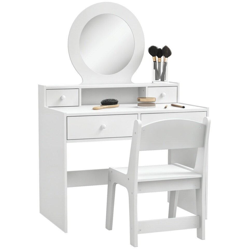 image 1 of AIYAPLAY Kids Dressing Table Set w/ Stool, Mirror, Drawers - White White