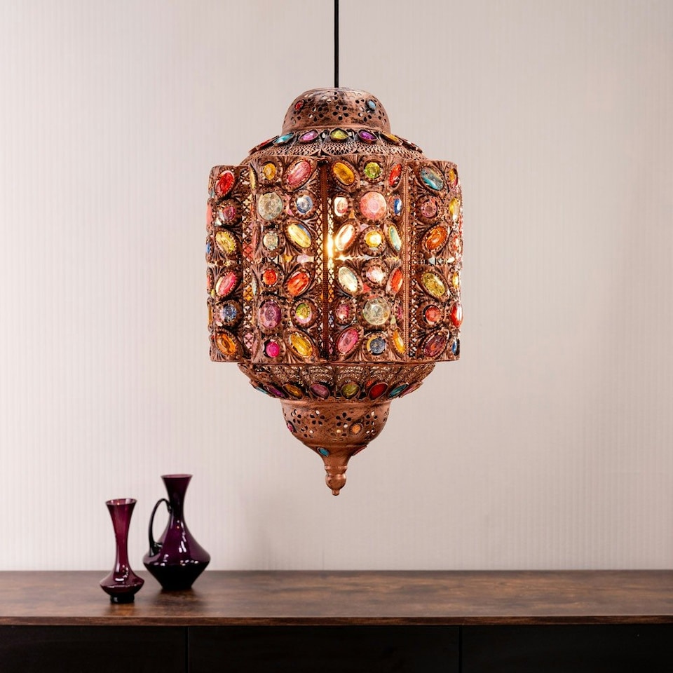 image 1 of ValueLights Leyla Large Bronze Lantern Ceiling Light Shade with Multi Coloured Jewels
