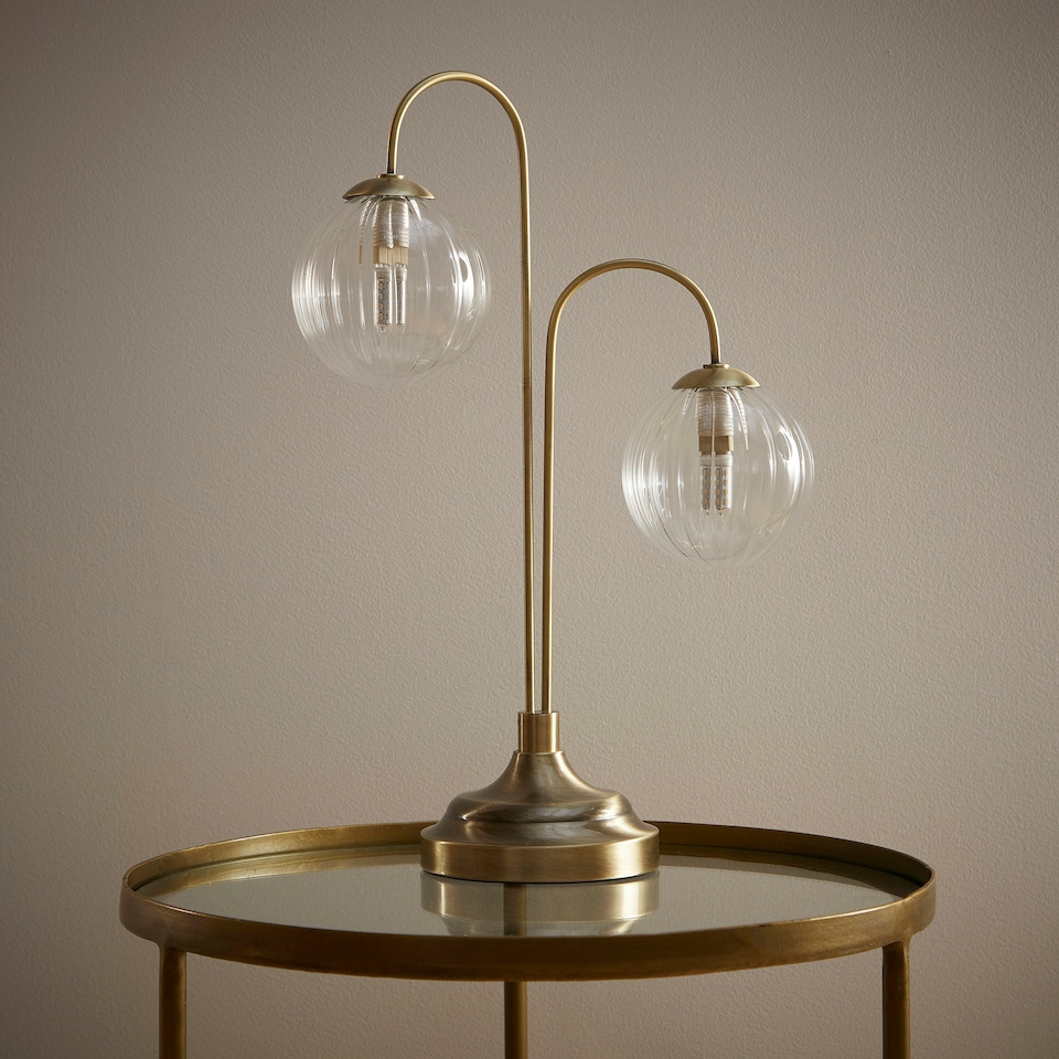 image 1 of New Haven Antique Brass Table Lamp with Glass Globe Shades Gold