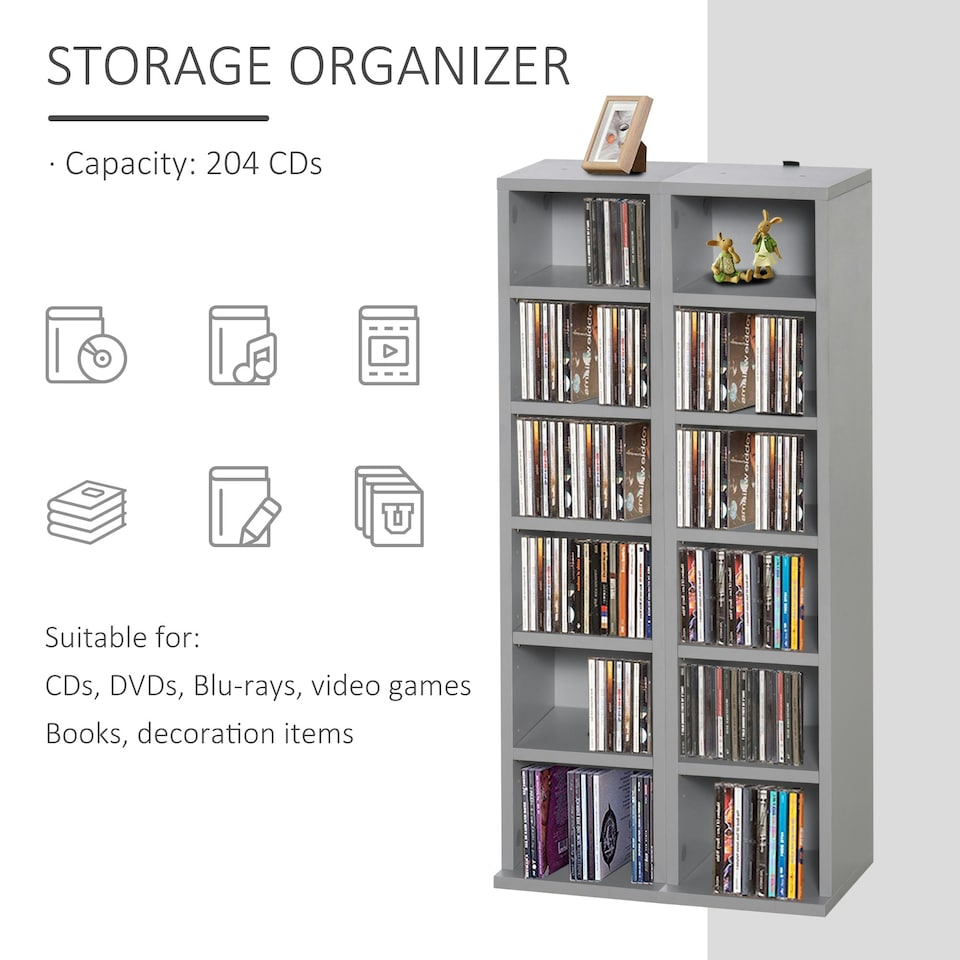 image 1 of HOMCOM Set of 2 CD Storage Units with Adjustable Shelves Grey