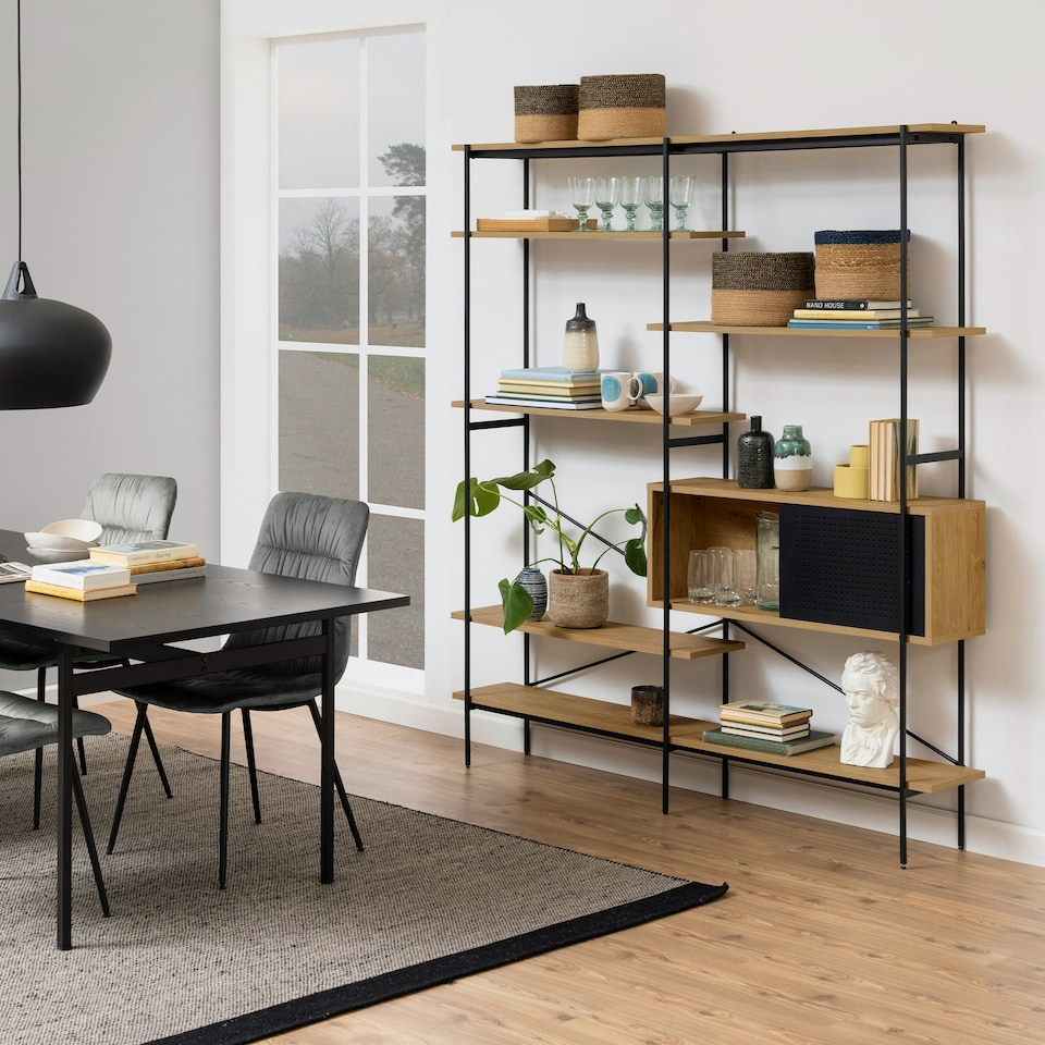 image 1 of Angus Bookcase with 1 Sliding Door & 5 Shelves in Oak & Black