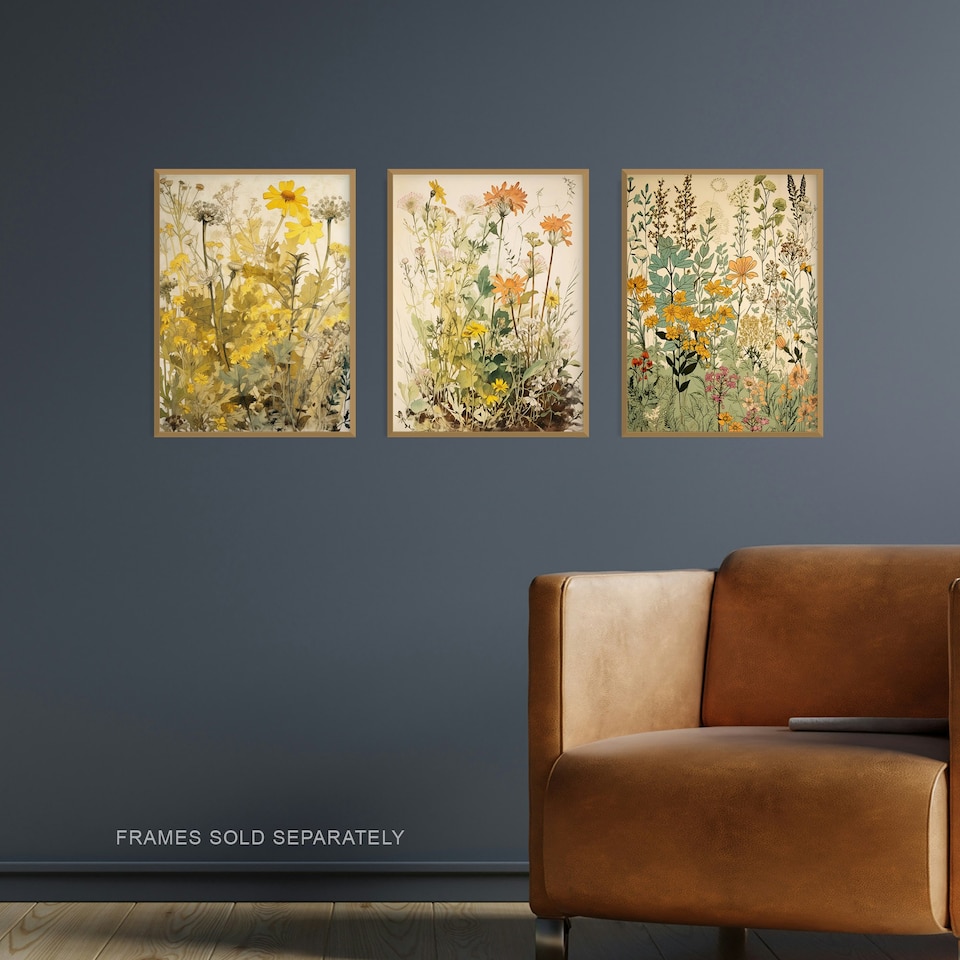 image 1 of Set of 3 Wildflowers Vintage Pastel Floral Artwork Spring Flower Meadow Wall Art Living Room Prints 12x16 Inch