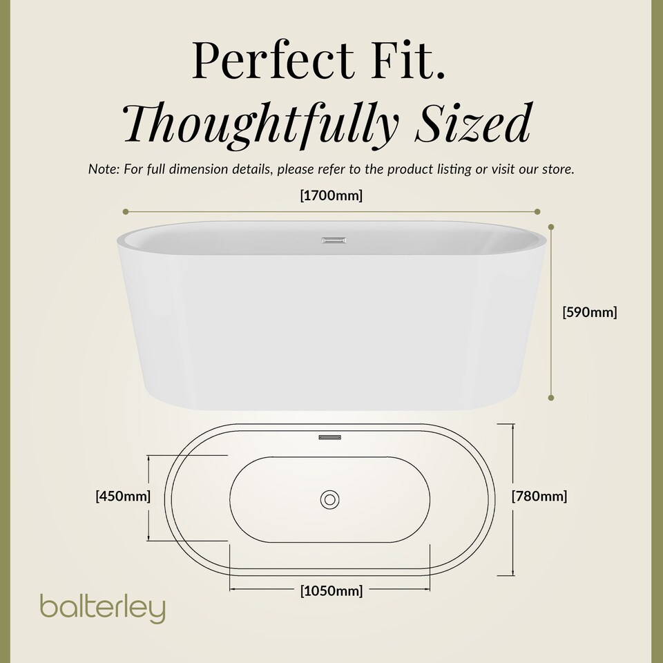 image 1 of Balterley Contemporary Rounded Rectangular Freestanding Bath: Modern Double-Ended Acrylic Bath | White | White | 1700 x 780 x 590mm