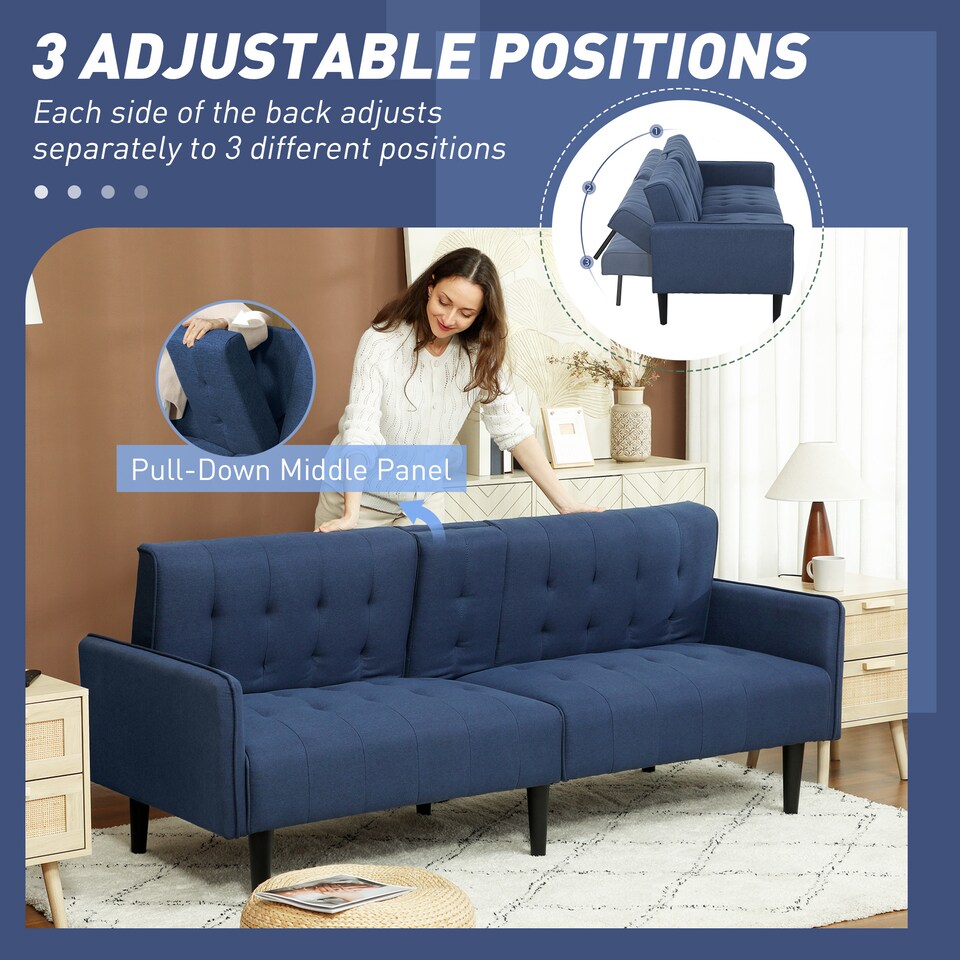 image 1 of HOMCOM Upholstered Sofa bed 3 Seater Home Theater with Storage Dark Blue | Blue