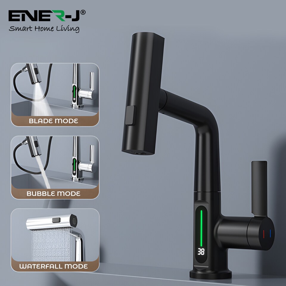 image 1 of Ener J Modern Waterfall Basin Faucet Pull Out Sprayer LED Display Black