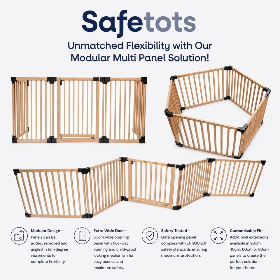 image 1 of Safetots Wooden Multi Panel Room Divider, up to 156cm, Natural Wood, 76cm Tall, Flexible Room Divider for Baby and Toddler | Cream | Natural