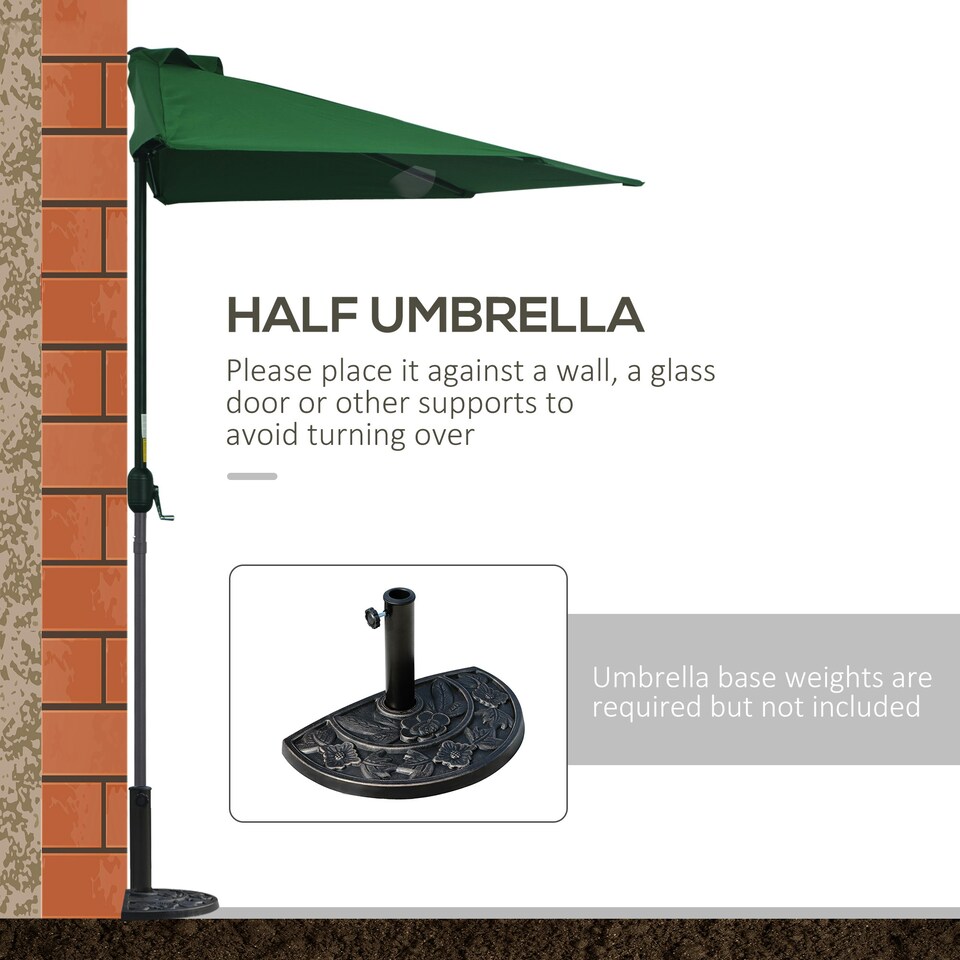 image 1 of Outsunny 3(m) Half Round Parasol Garden Sun Umbrella Metal w/ Crank Green
