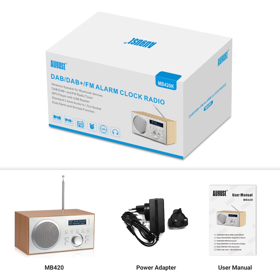 image 1 of Bluetooth Speaker with DAB/DAB+/FM Radio, Dual Alarm Clock, USB MP3 Playback & AUX-In – August MB420K