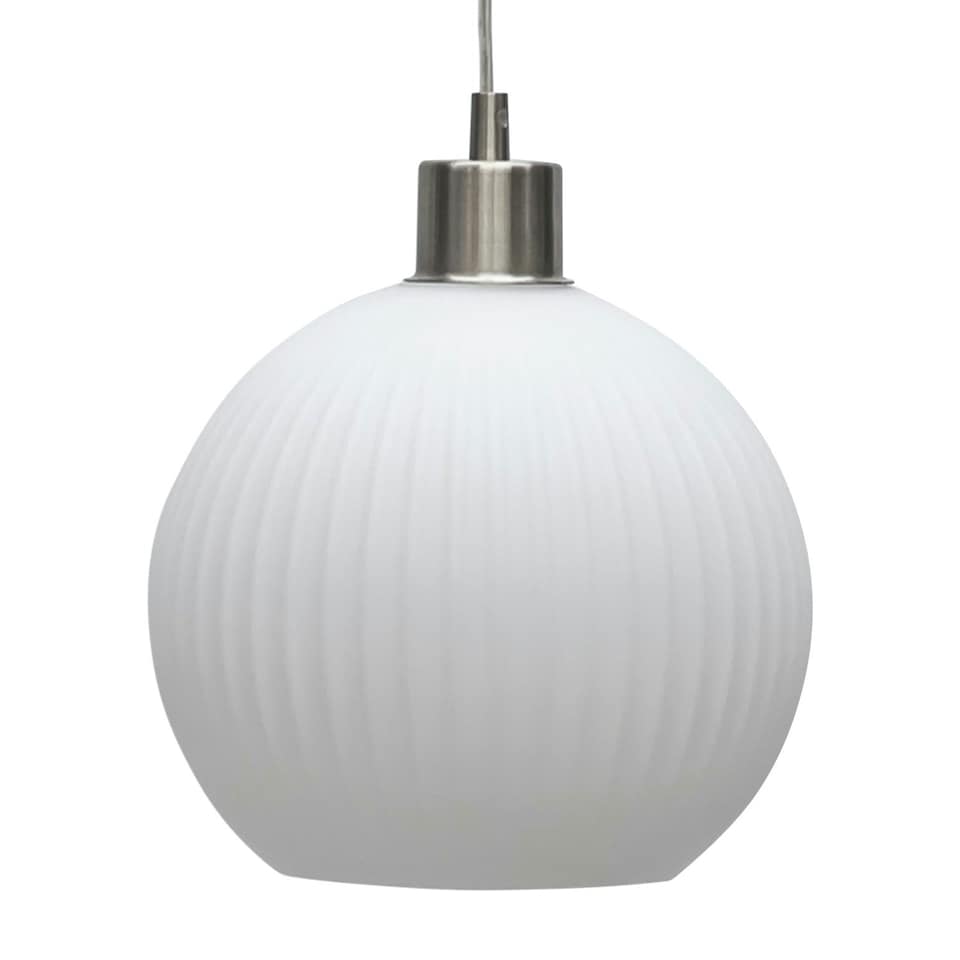 image 1 of First Choice Lighting Betchley White Ribbed Glass Globe with Satin Nickel Pendant Fitting Silver | White