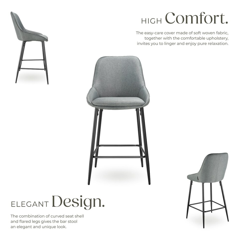 image 1 of Bar Stool Siera with backrest, padding and soft fabric - Set of 4 Grey | Woven Fabric Grey/Black