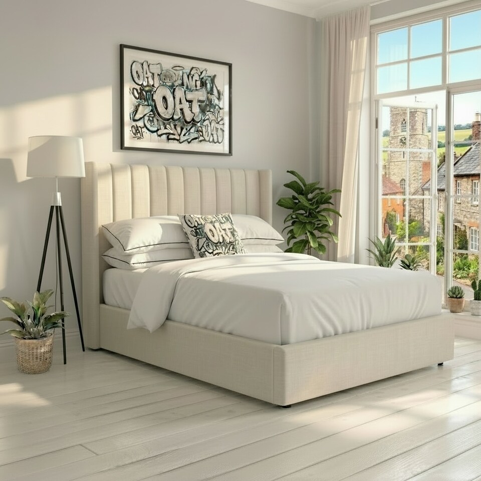 image 1 of Daresbury Winged Headboard Fabric Upholstered Ottoman Storage Bed Frame | Cream | Natural | Double