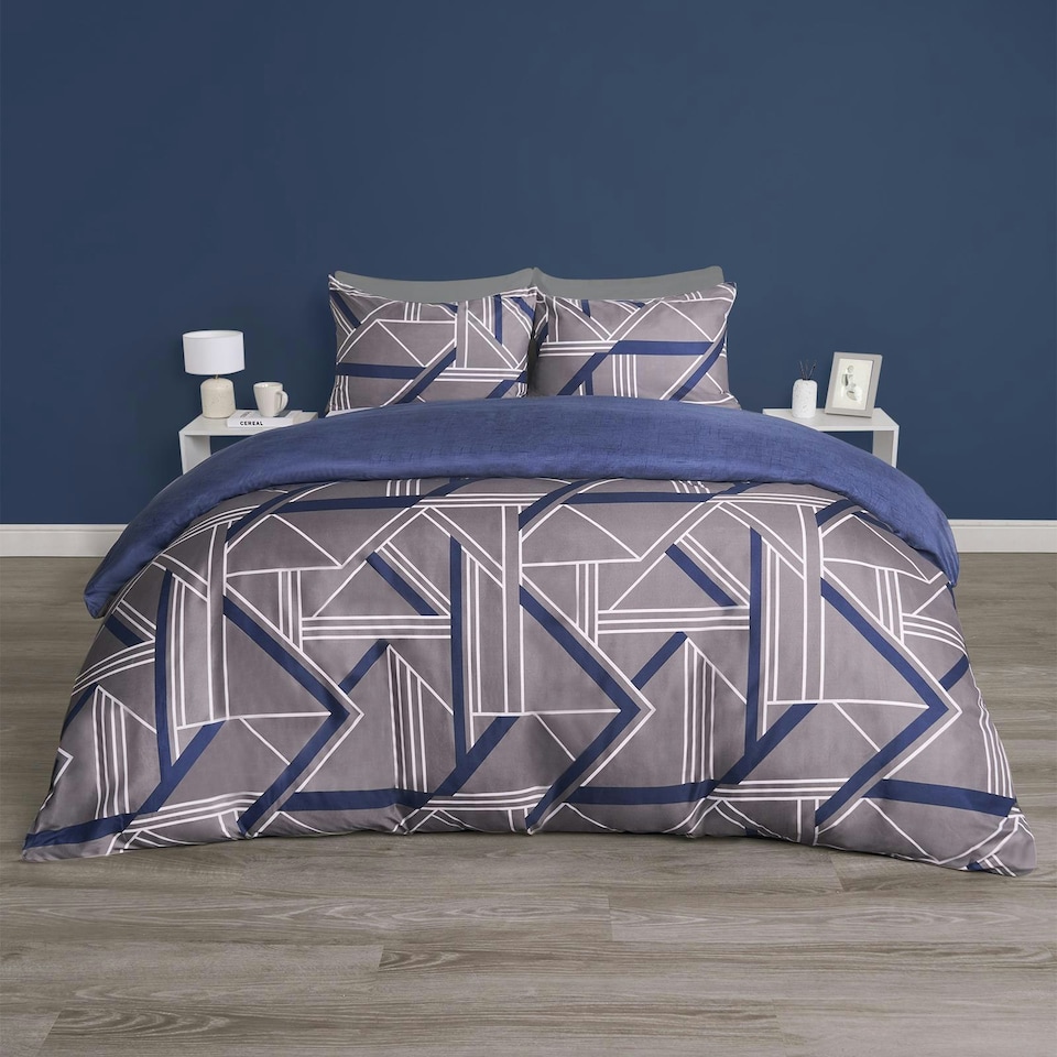 image 1 of OHS Abstract Geo Print Plain Reverse Duvet Cover and Pillowcase Bedding Set, Double - Grey