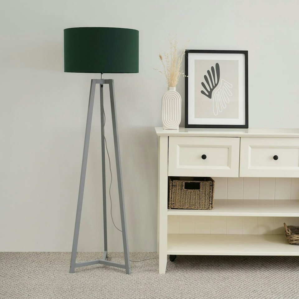 image 1 of ValueLights Lottie Grey Wood Tripod Floor Lamp with Green Fabric Drum Shade