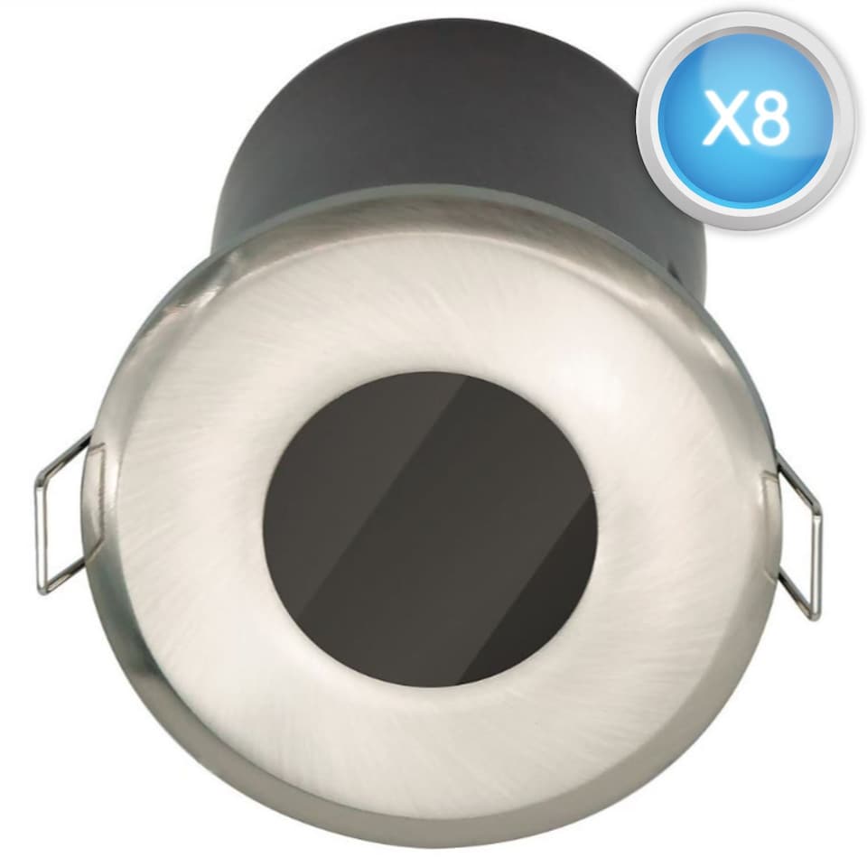 image 1 of Set of 8 Fire Rated Bathroom Downlights - Brushed Steel IP65 Recessed Downlights | Chrome | Clear | 8