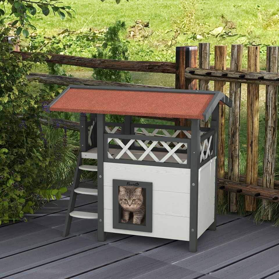 image 1 of PawHut Outdoor Cat House w/ Balcony Stairs Roof, White
