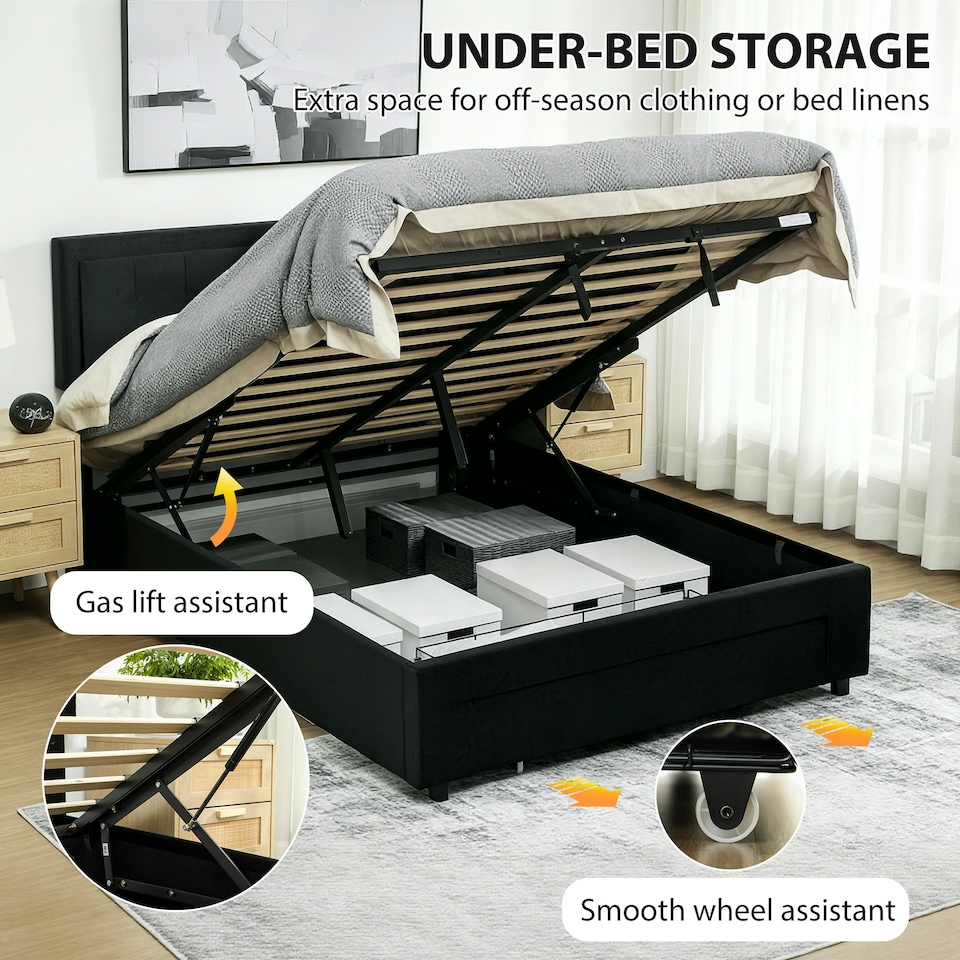 image 1 of HOMCOM Double Bed Frame with Storage and Adjustable Velvet Headboard, Black