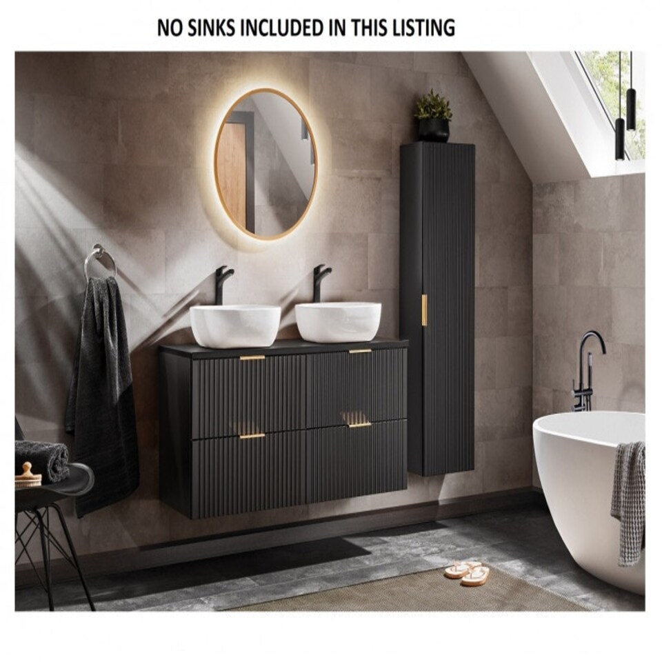 image 1 of Bathroom Furniture Set Black Drawer Cabinet 1200mm Countertop Vanity and Tall Wall Unit - Adel