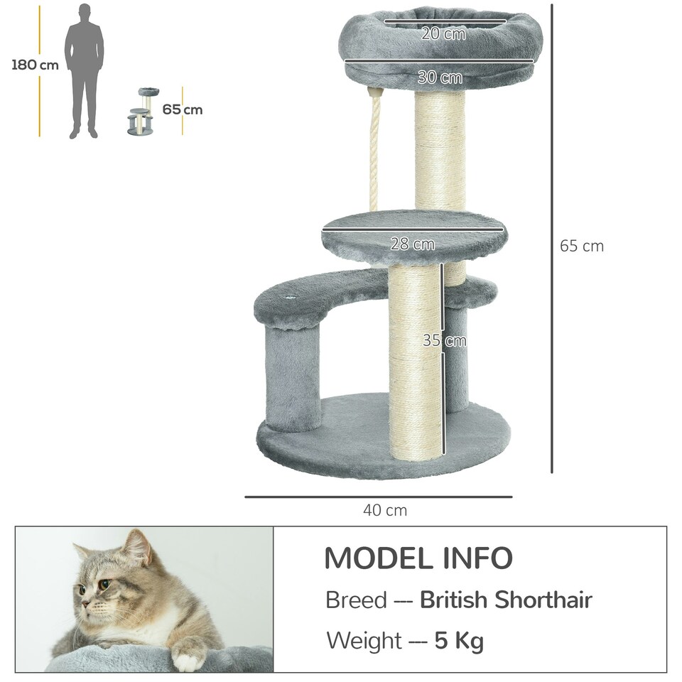 image 1 of PawHut 65cm Cat Tower, Small Cat Condo with Sisal Posts, Rope, Perches Grey