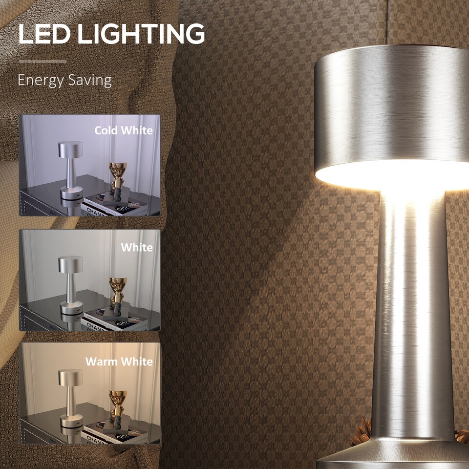 image 1 of HOMCOM Cordless Table Lamp with 2600mAh Rechargeable Battery, 3 Colour, Touch LED Lamp for Bedroom Living Room, Silver