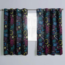 OHS Kids Gaming Print Blackout Lined Eyelet Curtains, 46x54" - Black