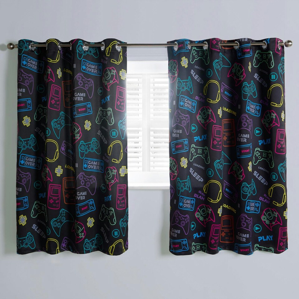 image 1 of OHS Kids Gaming Print Blackout Lined Eyelet Curtains, 46x54" - Black