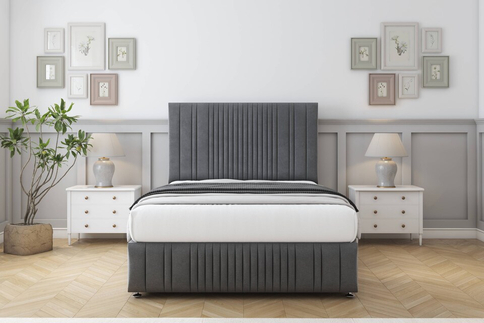 image 1 of Sloomy Kingsley Armour Coniston Divan Bed Base No Drawers With 26 Inch Strutted Headboard & 12 Inch Matching Footboard | Grey | Armour | Small Double | 1
