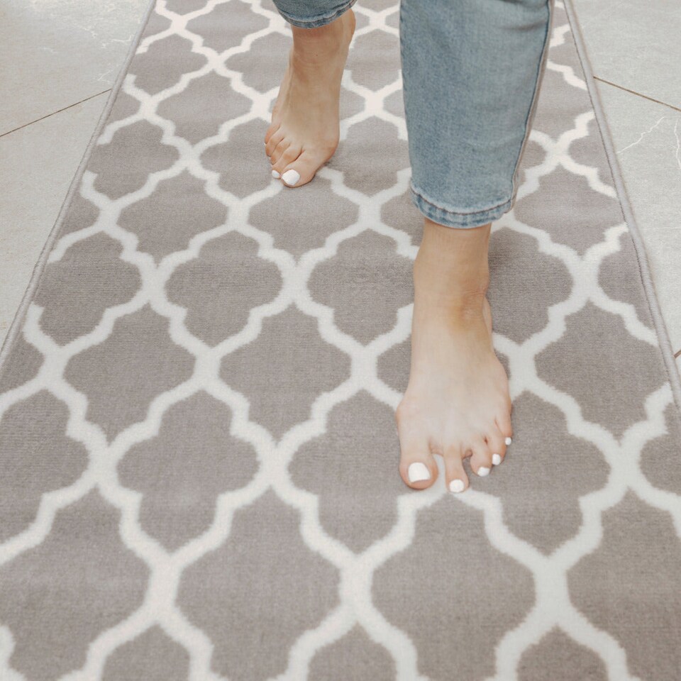 image 1 of KUKOON Grey White Classic Trellis Living Area Rug 60cm x 240cm