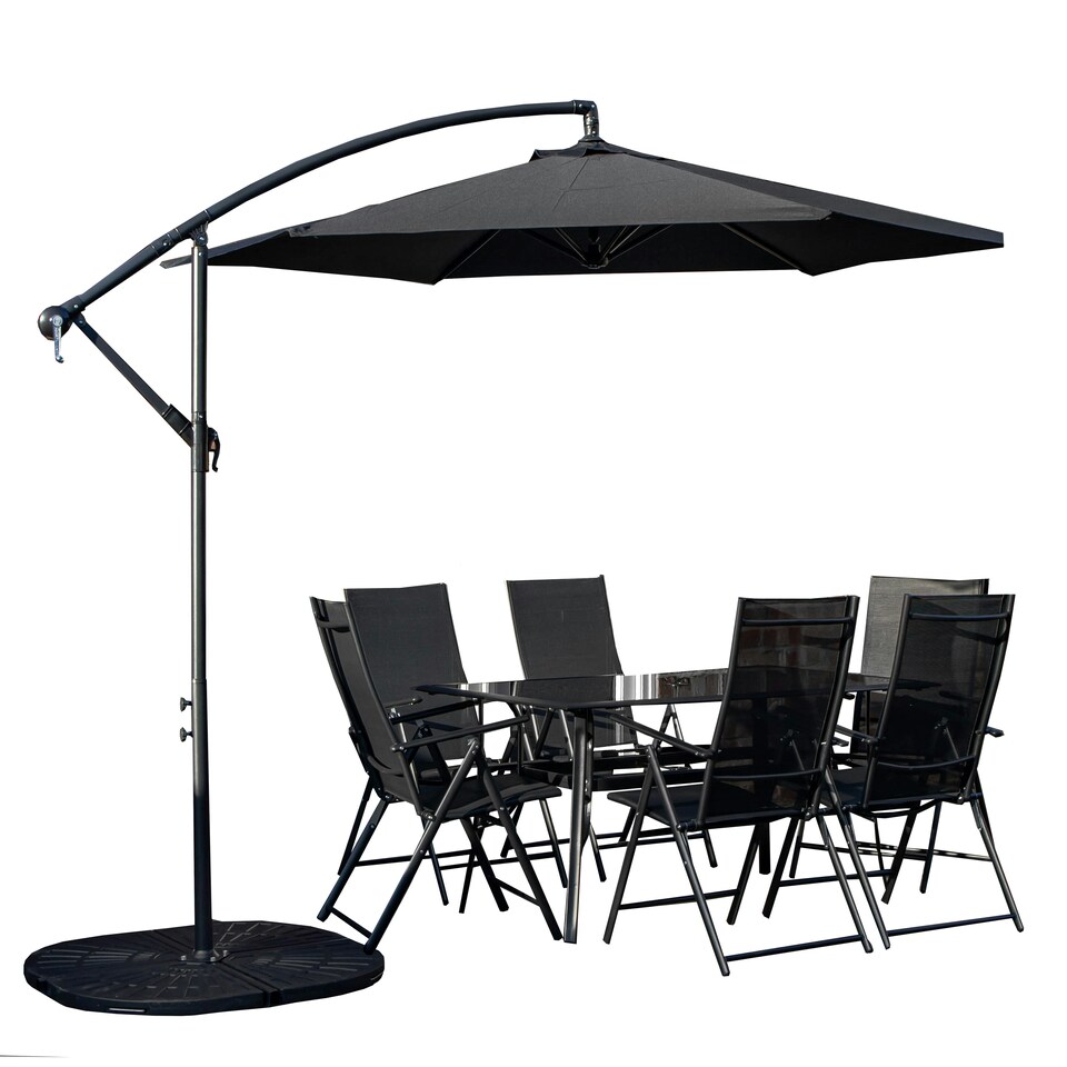 image 1 of Outdoor 6 Person Rectangular Glass Top Garden Dining Table Chairs With Black Banana Parasol and Base