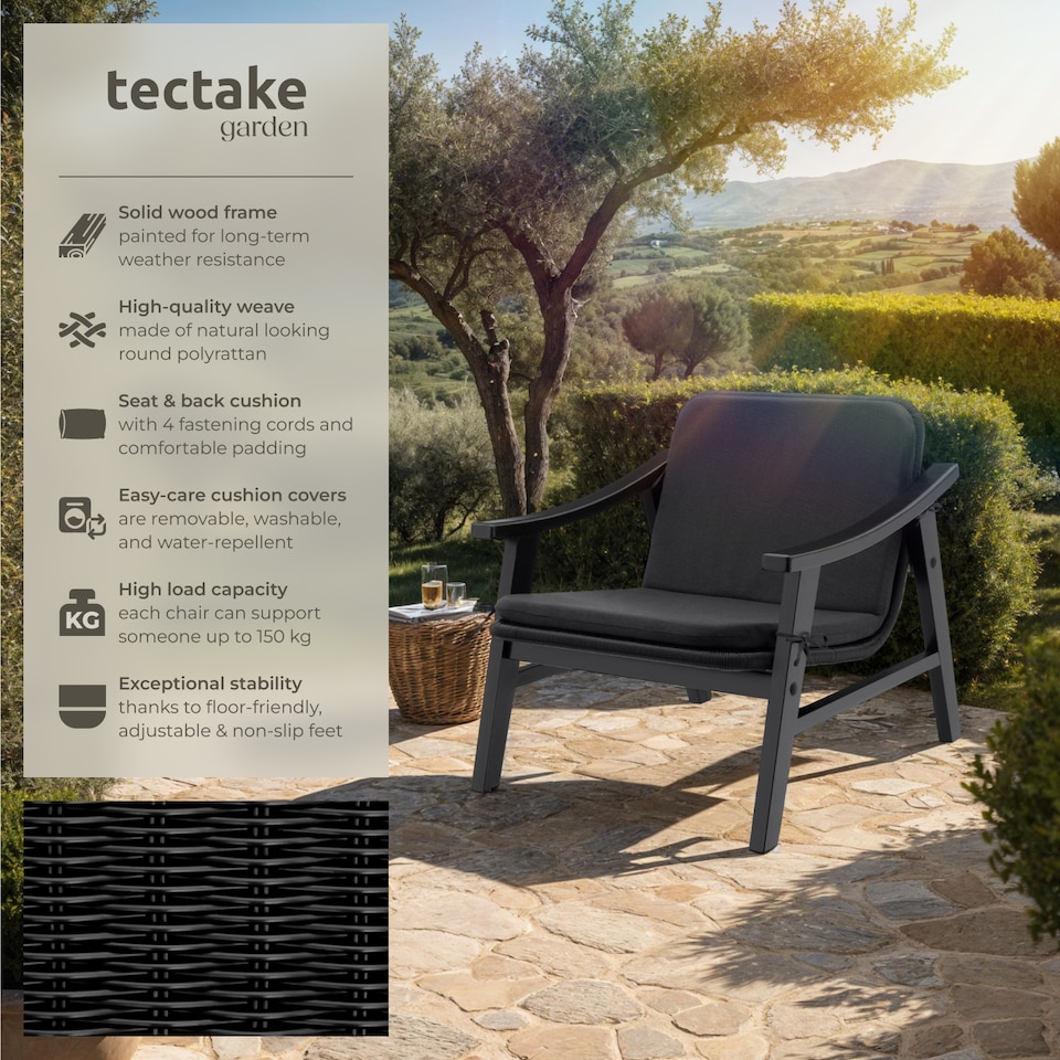 image 1 of Rattan Garden Chair Outdoor Furniture Chairs Varnished Wooden Frame Lounge Arm Chair | Black | black | One Size | 1