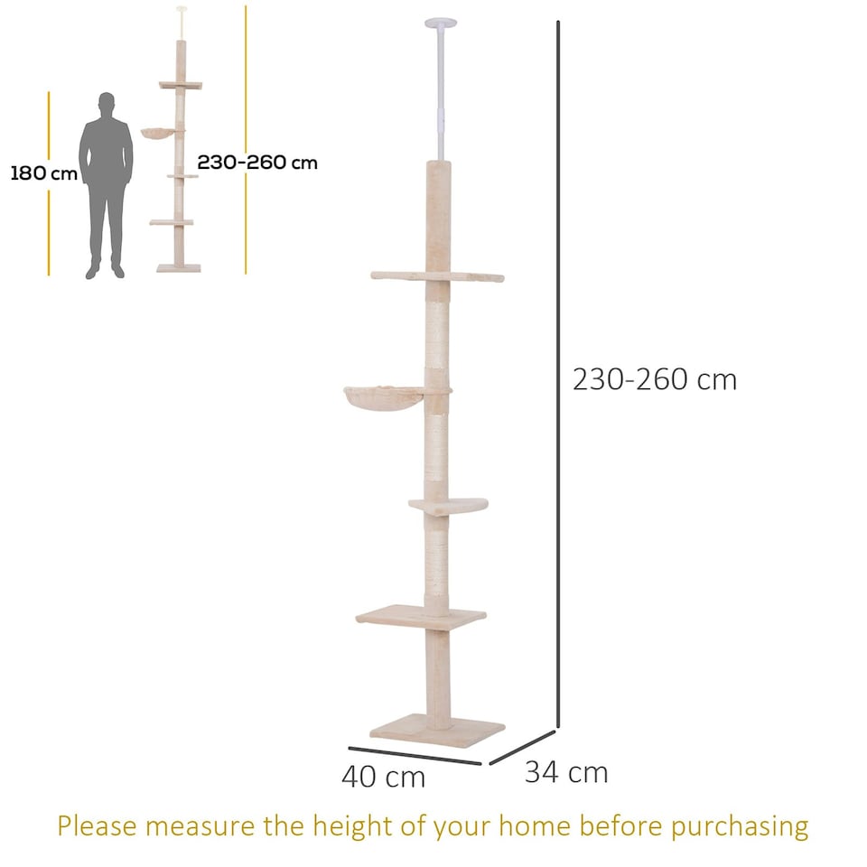 image 1 of PawHut Floor to Ceiling Cat Tree 5-Tier Climbing Tower Scratching Post Beige