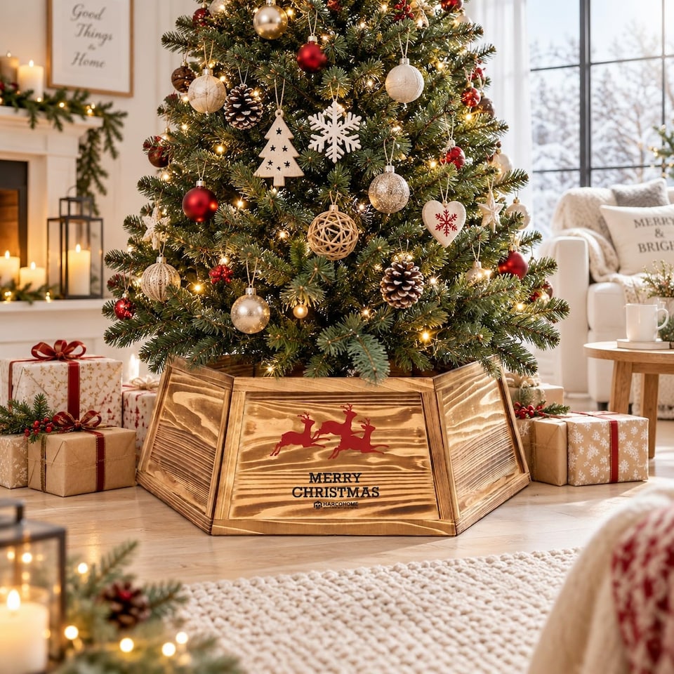 image 1 of 31.5 inch Hexagon Wooden Christmas Tree Collar with Burnt Finish for Festive Tree Stands