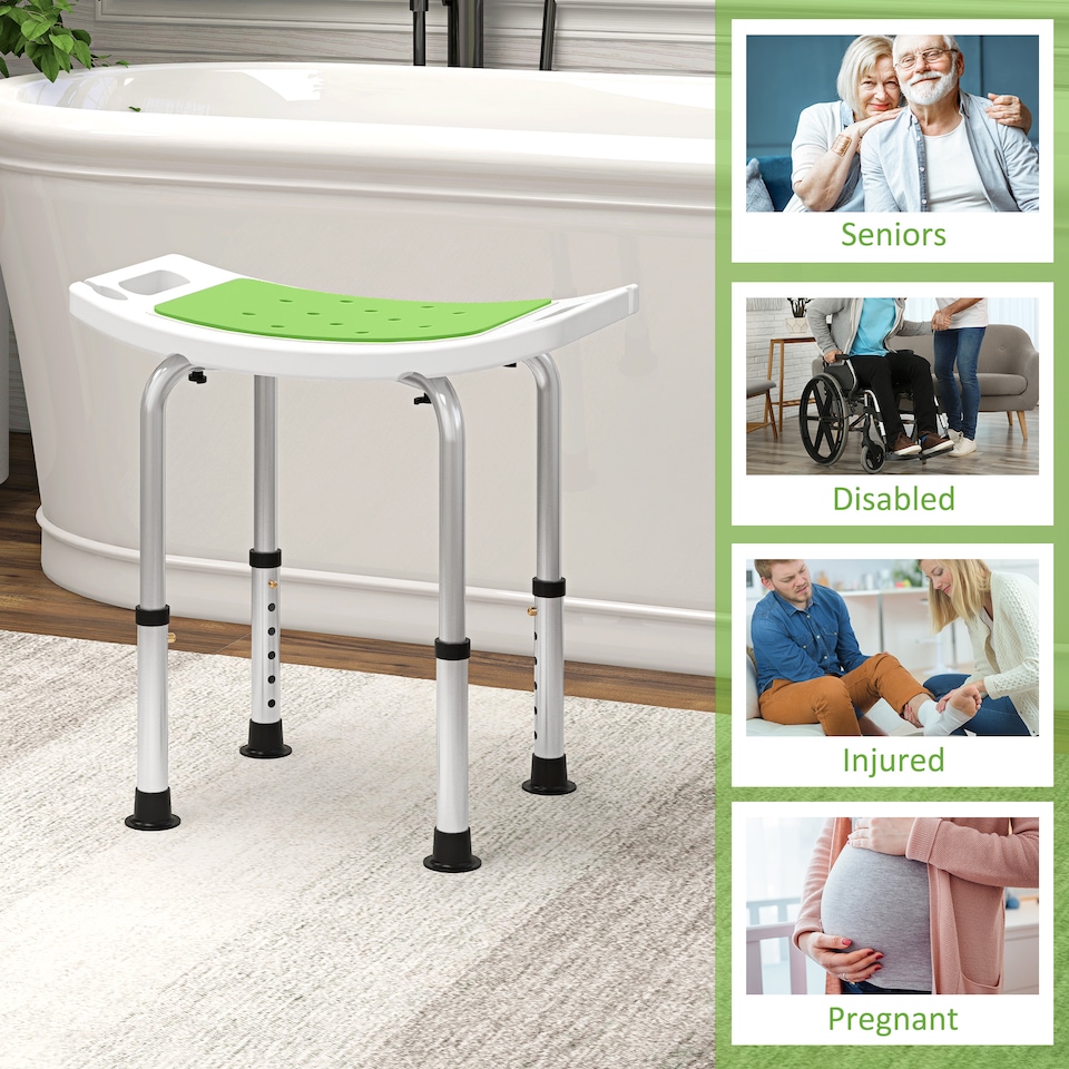 image 1 of HOMCOM Shower Chair, Adjustable Height Shower Stool with Aluminium Frame and Non-Slip Feet, Bathtub Stool Seat for Elderly Disabled Handicap, Green