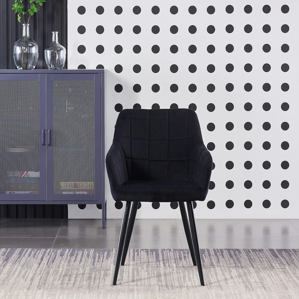 image 1 of Set of 4 Camden Modern Velvet Dining Chairs with Armrests, Quilted Design & Black Metal Legs Black