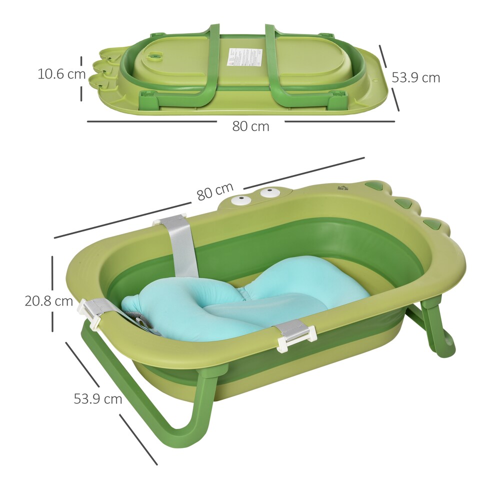 image 1 of HOMCOM Baby Bath Tub for Toddler Foldable w Baby Cushion for 0-3 Years Green