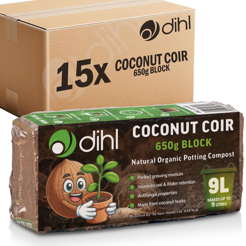 image 1 of Dihl 15x 650g Organic Coconut Coco Coir Fibre Compost Block Bricks, 100% Natural Compressed Peat-Free Garden Growing Medium, Seedling Potting Beeding Soil, pH Balanced - 9.75 KG 135 Litres