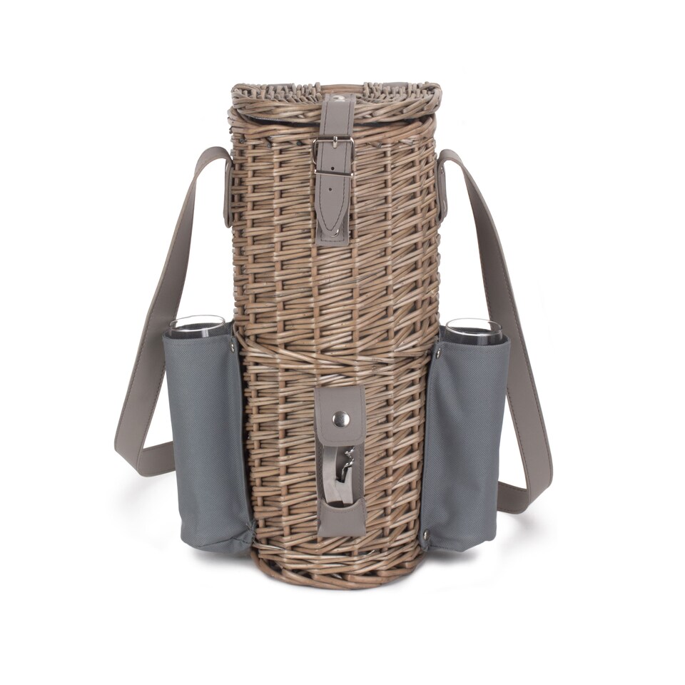 image 1 of Wicker Single Bottle and 2 Champagne Glass Carrier With Shoulder Strap