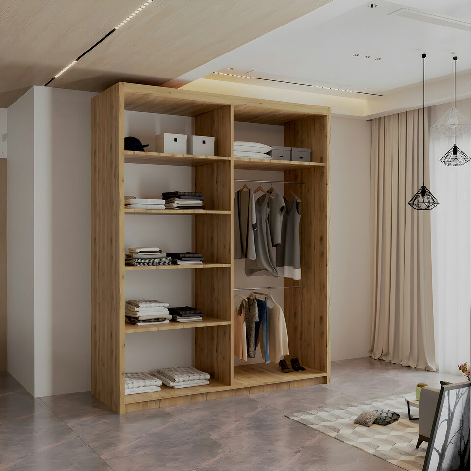 image 1 of Modern Vertical Panelled Sliding Wardrobe 150cm | White/Black/Grey/Oak 2-Door Bedroom Storage Brown | (Oak Strip) 150cm