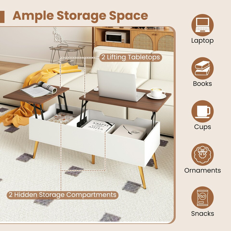 image 1 of COSTWAY Lift Top Coffee Table w/Storage Compartments Walnut White
